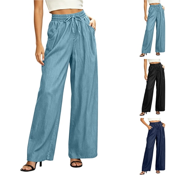 Chiccall Women's Chambray Wide Leg Pants, Drawstring Elastic High Waist Loose Casual Trousers with Side Pockets
