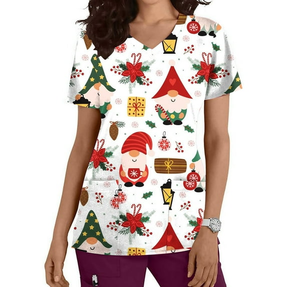 Chiccall Women's Christmas Costume V-Neck Short Sleeve Nursing Uniform Xmas Santa Gifts Snowman Candy Canes Printed Workwear Holiday Graphic Tees Blouse Scrubs Tops with Pockets,on Clearance