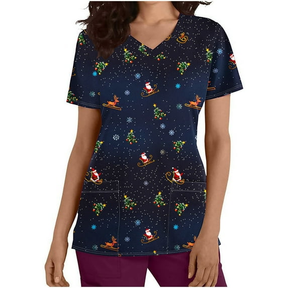 Chiccall Women's Christmas Costume V-Neck Short Sleeve Nursing Uniform Xmas Santa Gifts Snowman Candy Canes Printed Workwear Holiday Graphic Tees Blouse Scrubs Tops with Pockets,on Clearance