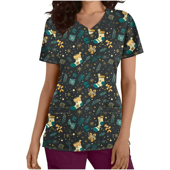 Up to 65 off!Chiccall Women's Christmas Costume V-Neck Short Sleeve Nursing Uniform Xmas Stockings Santa Gifts Printed Workwear Holiday Graphic Tees Blouse Scrubs Tops with Pockets,on Clearance