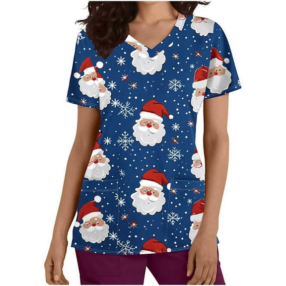 Up to 65 off!Chiccall Women's Christmas Costume V-Neck Short Sleeve Nursing Uniform Xmas Stockings Santa Gifts Printed Workwear Holiday Graphic Tees Blouse Scrubs Tops with Pockets,on Clearance