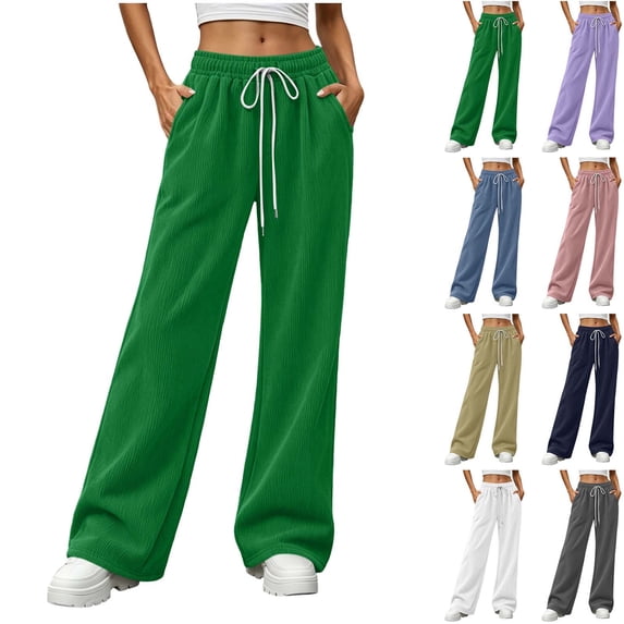 Chiccall Women's Corduroy Wide Leg Pants Drawstring Elastic Waist Casual Trousers with Side Pockets