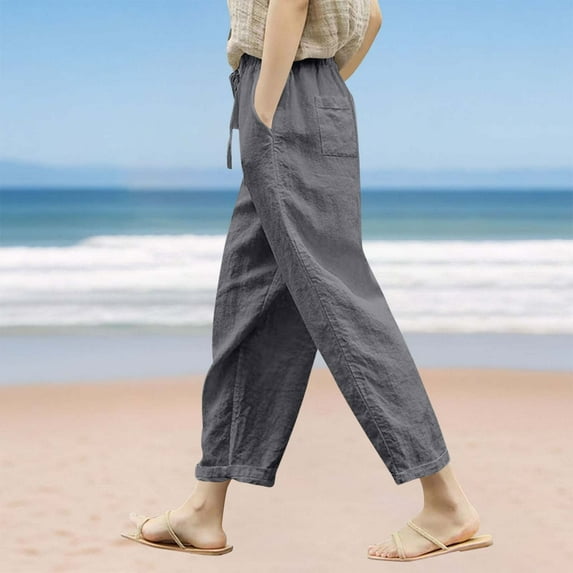 Chiccall Women's Cotton Linen Pants Loose Fit Elastic Drawstring Waist Straight-Legs Summer Yoga Beach Long Pants with Pockets Dark Gray S