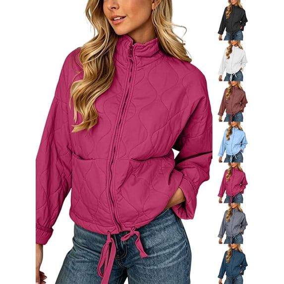 Chiccall Women's Cotton Padded Jacket, Long Sleeve Winter Casual Quilted Coat with Pockets, Lightweight Warm Outerwear Hot Pink XL