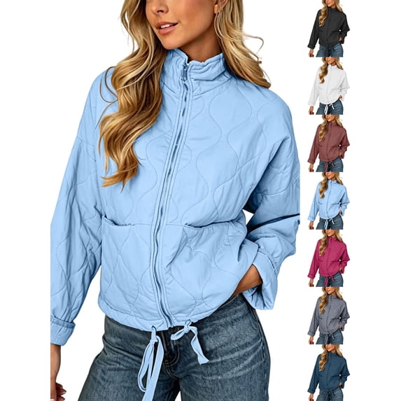Chiccall Women's Cotton Padded Jacket, Long Sleeve Winter Casual Quilted Coat with Pockets, Lightweight Warm Outerwear Sky Blue 2XL