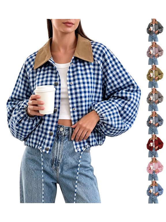 Women’s Cropped Plaid Shacket Jacket Lapel Collar Long Sleeve Button Down Jackets with Drawstring Waist Fall Winter Casual Outerwear Blue S