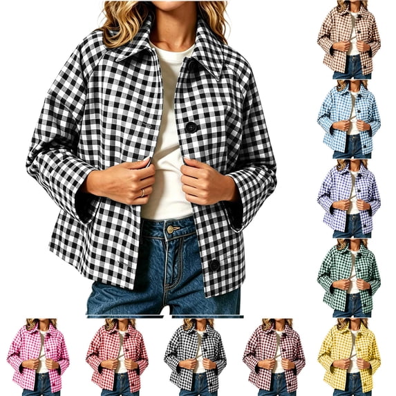 Chiccall Women’s Cropped Plaid Shacket, Loose‑Fit Lapel Long‑Sleeve Button‑Down Jacket With Side Pockets, Casual Lightweight Outerwear Black S