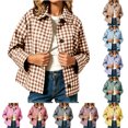thumbnail image 1 of Chiccall Women’s Cropped Plaid Shacket, Loose‑Fit Lapel Long‑Sleeve Button‑Down Jacket With Side Pockets, Casual Lightweight Outerwear Brown M, 1 of 7