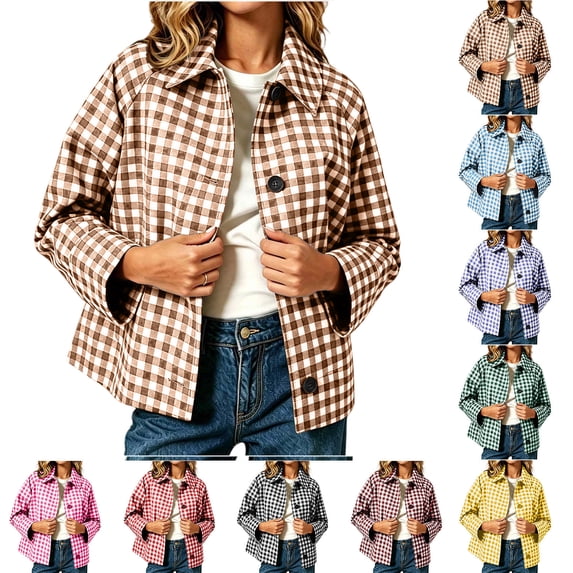 Chiccall Women’s Cropped Plaid Shacket, Loose‑Fit Lapel Long‑Sleeve Button‑Down Jacket With Side Pockets, Casual Lightweight Outerwear Brown M