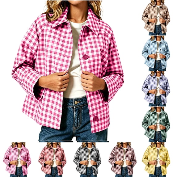 Chiccall Women’s Cropped Plaid Shacket, Loose‑Fit Lapel Long‑Sleeve Button‑Down Jacket With Side Pockets, Casual Lightweight Outerwear Pink S