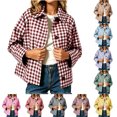 thumbnail image 1 of Chiccall Women’s Cropped Plaid Shacket, Loose‑Fit Lapel Long‑Sleeve Button‑Down Jacket With Side Pockets, Casual Lightweight Outerwear Purple 2XL, 1 of 8