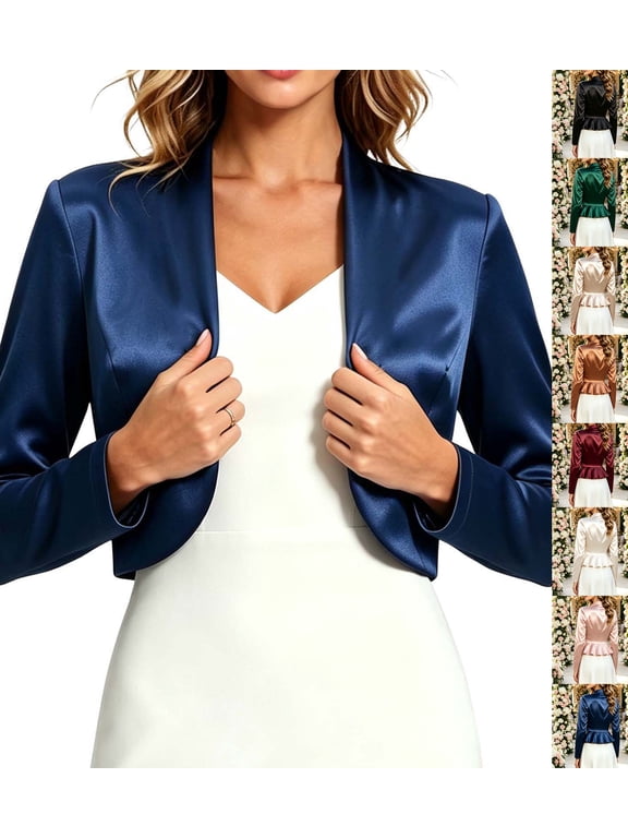 Women’s Cropped Satin Open Front Cardigan Elegant Long Sleeve Ruffle Back Formal Blazer Jacket Business Office Evening Party Dressy Outerwear Blue S