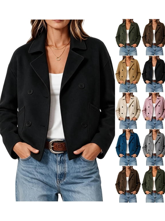 Women’s Cropped Wool Blend Coat Lapel Collar Double Breasted Button Jacket, Loose Casual Pea Coat Outerwear with Pockets