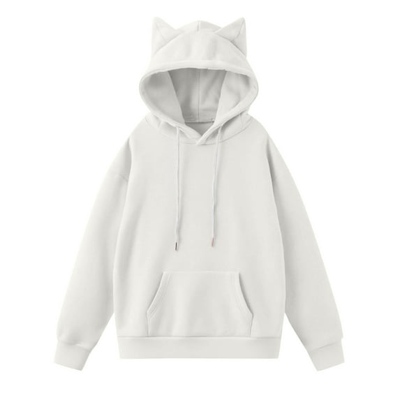 Chiccall Women's Cute Fleece Hoodies Kitty Ear Solid Color Loose Fit Casual Hood Drawstring Sweatshirt with Pocket Fall Lounge Oversized Clothes
