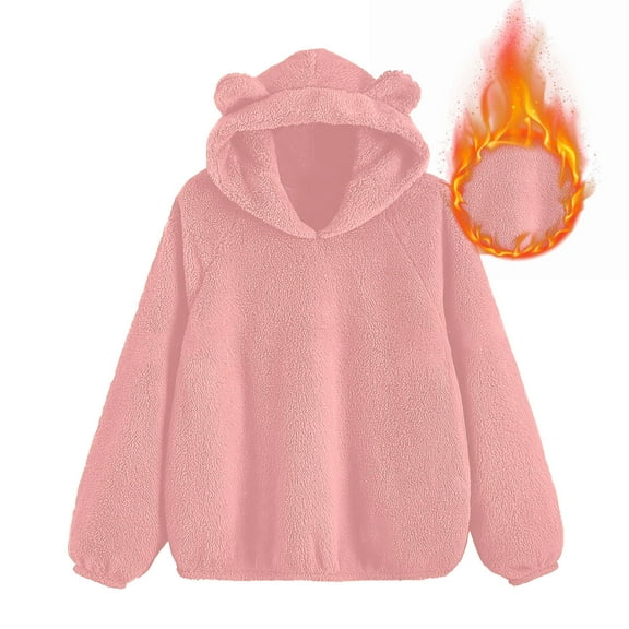 Chiccall Women's Cute Hoodies Fuzzy Fleece Warm Kitty Hooded Sweatshirts Warm Thickened Solid Color Casual Sleepwear Fall Winter Oversized Pullover Pajama Tops with Pocket