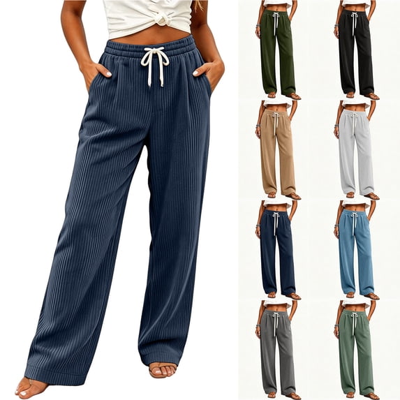 Chiccall Women's Fall Winter Corduroy Wide Leg Pants Drawstring Elastic High Waist Loose Casual Trousers with Side Pockets
