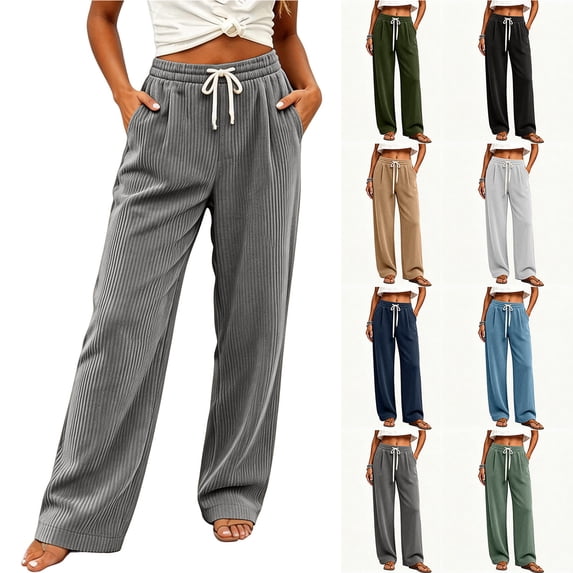 Chiccall Women's Fall Winter Corduroy Wide Leg Pants Drawstring Elastic High Waist Loose Casual Trousers with Side Pockets