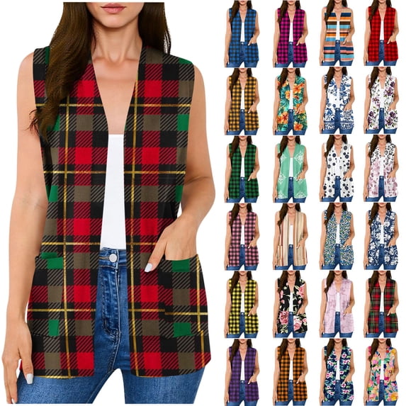 Chiccall Women's Floral Print Sleeveless Vest Cardigan Open Front V Neck Long Line Layering Waistcoat with Side Pockets