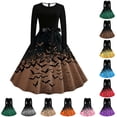 thumbnail image 1 of Chiccall Women's Halloween Bats Pumpkin Print Long Sleeve Maxi Dress, Crew Neck Full Flared Skirt Gothic Party Evening Gown, 1 of 7