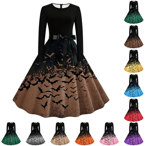 Chiccall Women's Halloween Bats Pumpkin Print Long Sleeve Maxi Dress, Crew Neck Full Flared Skirt Gothic Party Evening Gown