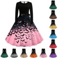 thumbnail image 1 of Chiccall Women's Halloween Bats Pumpkin Print Long Sleeve Maxi Dress, Crew Neck Full Flared Skirt Gothic Party Evening Gown, 1 of 6