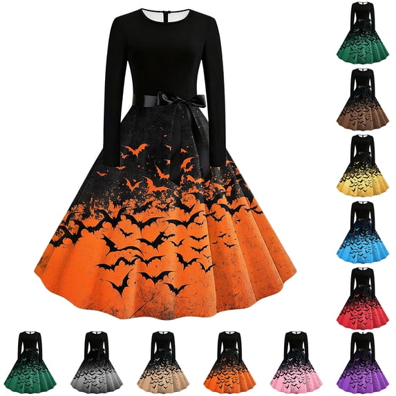 Chiccall Women's Halloween Bats Pumpkin Print Long Sleeve Maxi Dress, Crew Neck Full Flared Skirt Gothic Party Evening Gown