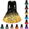 thumbnail image 1 of Chiccall Women's Halloween Bats Pumpkin Print Long Sleeve Maxi Dress, Crew Neck Full Flared Skirt Gothic Party Evening Gown, 1 of 2