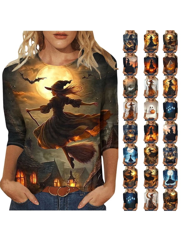 Women's Halloween Witch Print 3/4 Sleeve Plus Size T-Shirt Round Neck Casual Loose Fit Fall Holiday Graphic Top