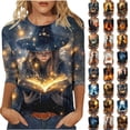 thumbnail image 1 of Chiccall Women's Halloween Witch Print 3/4 Sleeve Plus Size T-Shirt Round Neck Casual Loose Fit Fall Holiday Graphic Top, 1 of 6
