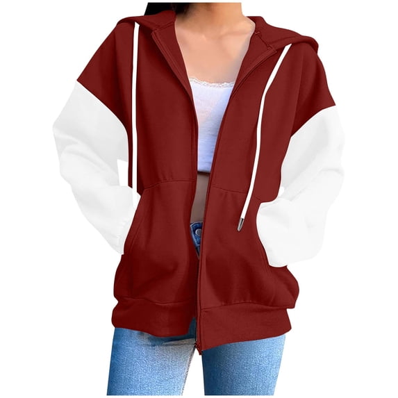 Chiccall Women's Hoodie Casual Fleece Colorblock Drawstring Hooded Sweatshirts Loose Comfy Full Zip Jacket Outwears with Pockets