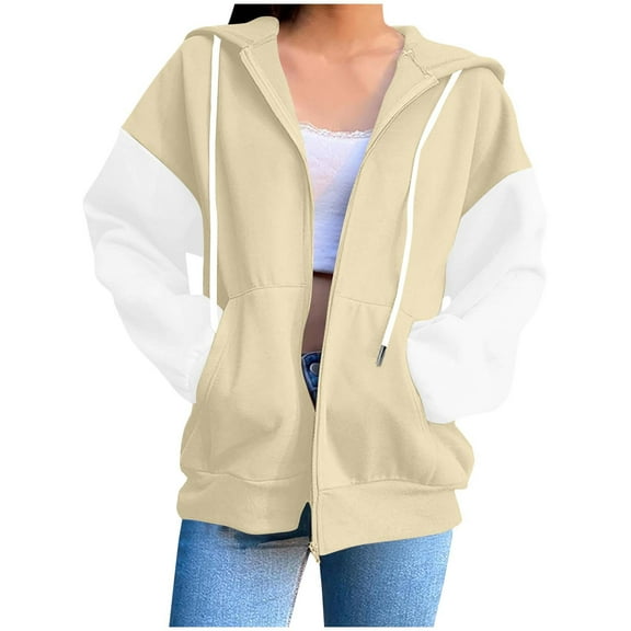 Chiccall Women's Hoodie Casual Fleece Colorblock Drawstring Hooded Sweatshirts Loose Comfy Full Zip Jacket Outwears with Pockets