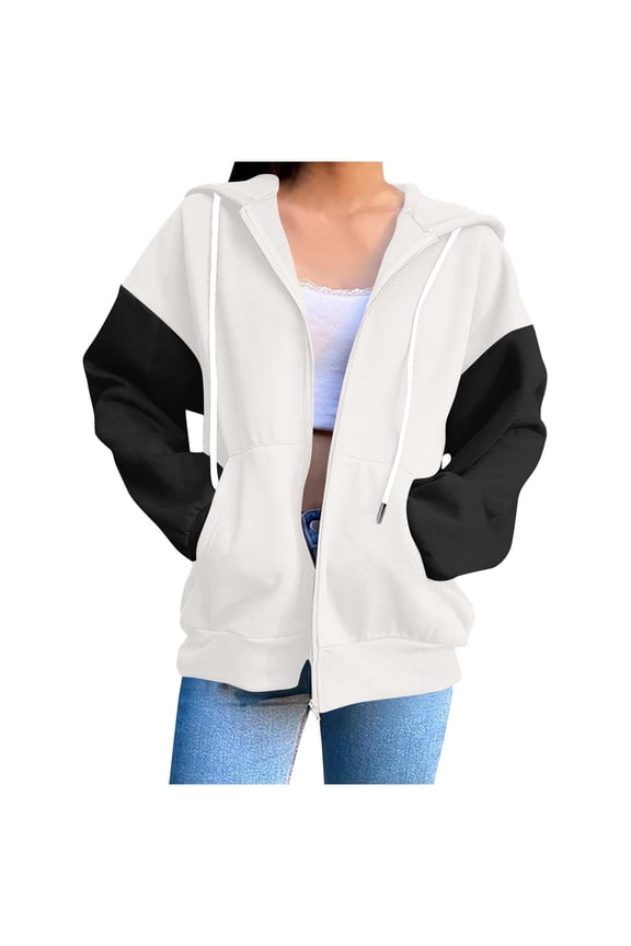 Women's Hoodie Casual Fleece Colorblock Drawstring Hooded Sweatshirts Loose Comfy Full Zip Jacket Outwears with Pockets