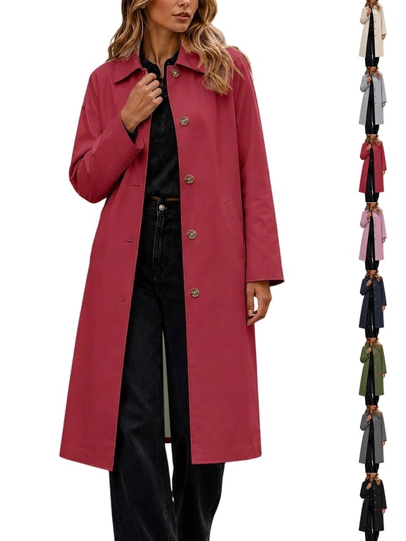 Women's Lapel Long Trench Coat Classic Single Breasted Long Sleeve Overcoat Jacket Fashion Outerwear for Fall Winter Wine 2XL