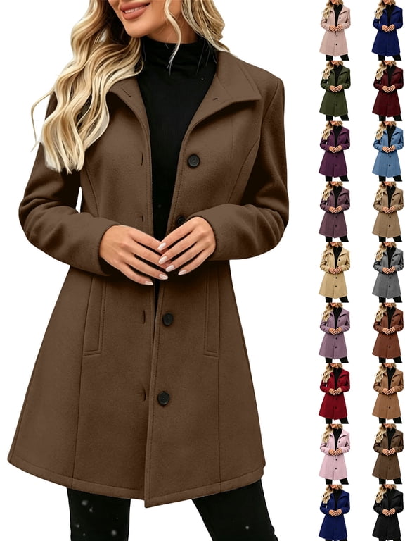Women's Lapel Wool‑Blend Trench Coat, Long‑Sleeve Button‑Down Mid‑Length Outerwear, Casual Fall Winter Fashion Overcoat for Women