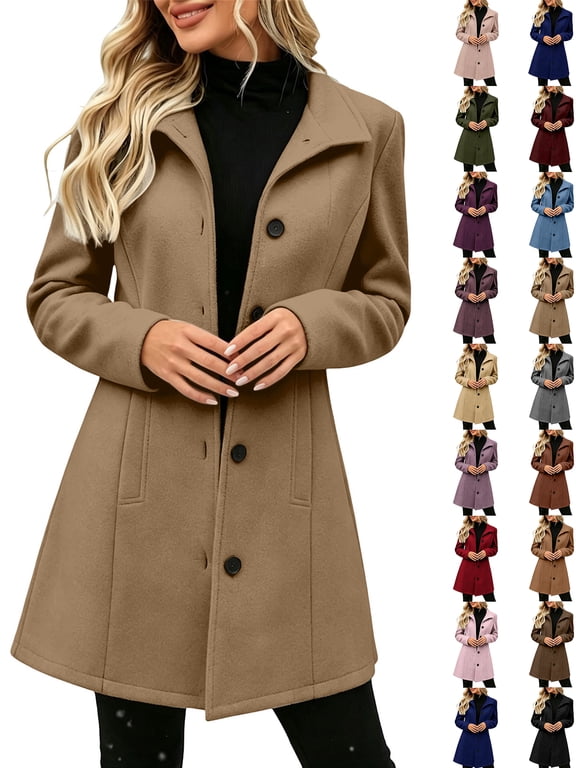 Women's Lapel Wool‑Blend Trench Coat, Long‑Sleeve Button‑Down Mid‑Length Outerwear, Casual Fall Winter Fashion Overcoat for Women