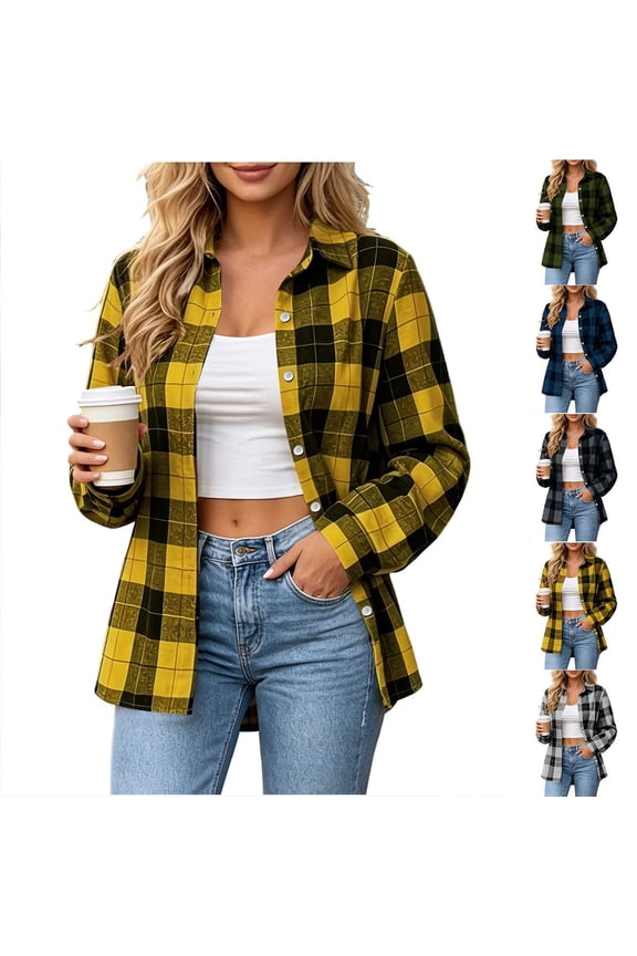 Women's Lightweight Plaid Flannel Shirt Jacket Button Down Oversized Long Sleeve Casual Shacket Outerwear
