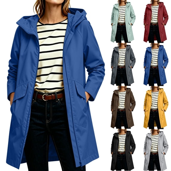 Chiccall Women's Long Hooded Rain Jacket Outdoor Raincoat Windbreaker Lightweight Trench Coat for Casual Hiking Camping Navy L
