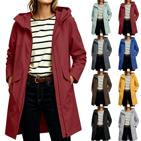 Chiccall Women's Long Hooded Rain Jacket Outdoor Raincoat Windbreaker Lightweight Trench Coat for Casual Hiking Camping Wine M