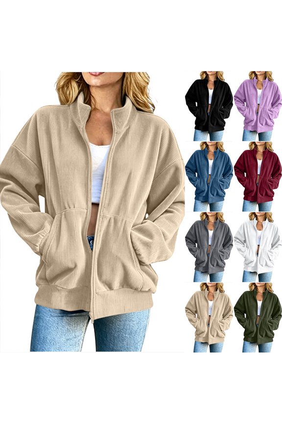 Women's Loose Fit Solid Corduroy Jacket Full Zip Lapel Long Sleeves Casual Fashion Outerwear Coat with Pockets