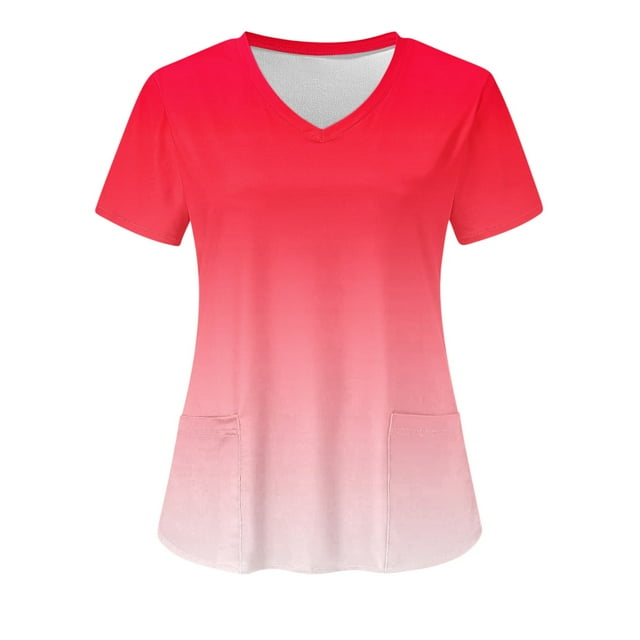 Chiccall Women's Medical Nursing Ombre Uniform Print Scrub Tops with Two Pockets on Clearance