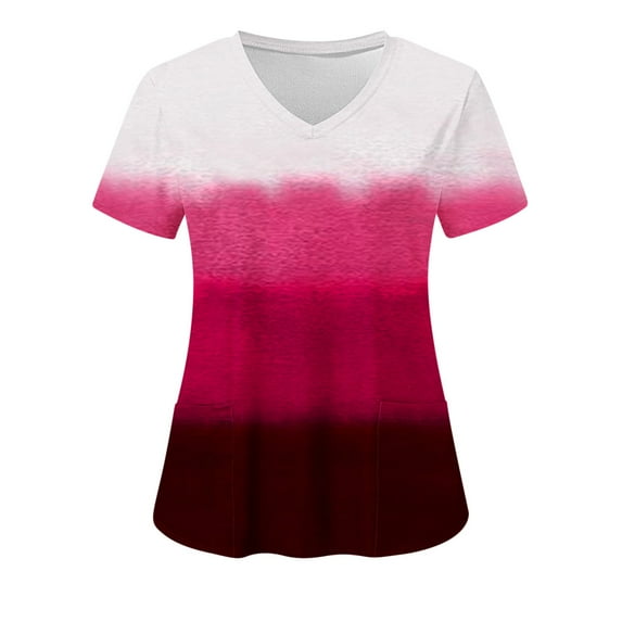 Chiccall Women's Medical Nursing Ombre Uniform Print Scrub Tops with Two Pockets on Clearance