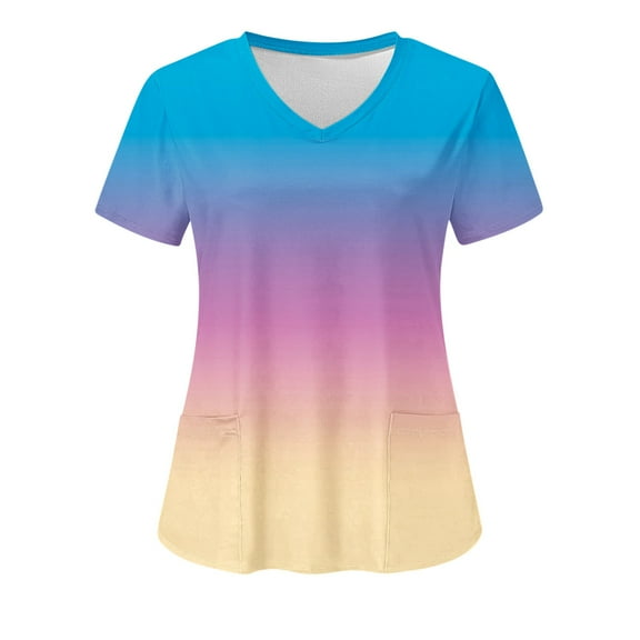 Chiccall Women's Medical Nursing Ombre Uniform Print Scrub Tops with Two Pockets