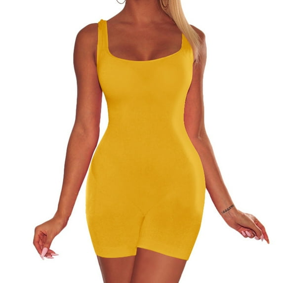 Chiccall Women's One Piece Strappy Square Neck Tank Top Tummy Control Bodycon Stretch Shorts Jumpsuit Outfits Yellow M