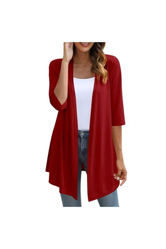 Women's Open Front Cardigans Casual 3/4 Length Sleeve V Neck Lightweight Stretch Comfy Trendy Long Cardigan Sweaters
