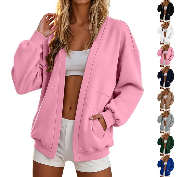 Chiccall Women's Open-Front Sweatshirt Jacket Oversized Solid Color Dropped Shoulders Long Sleeve Pockets Sweat Coat