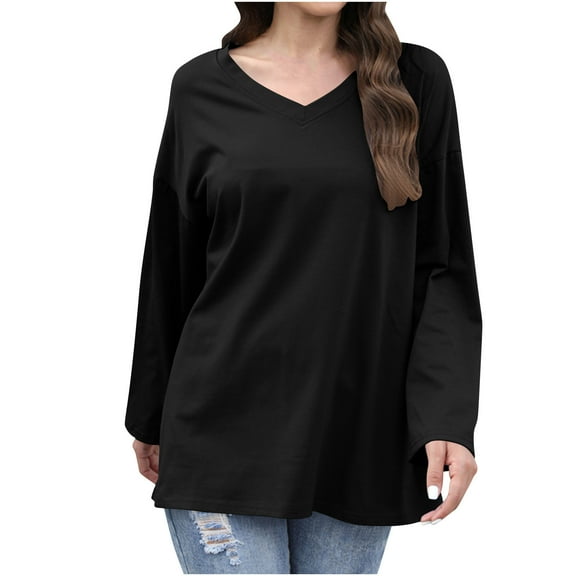 Chiccall Women's Oversized Cotton Shirts Long Sleeve V Neck Loose Casual Fall Tee Tops Cute Comfy Tunci Blouse for Women