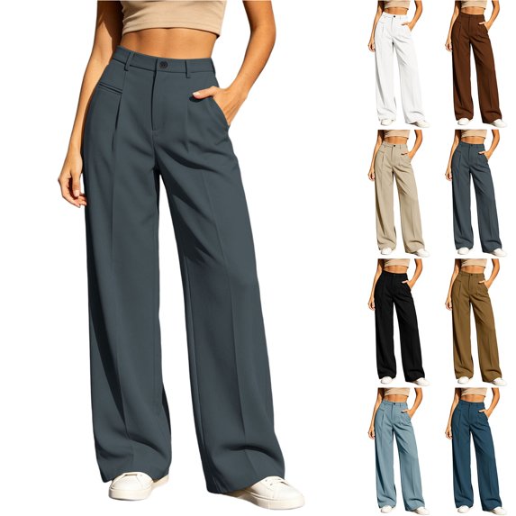 Chiccall Women's Pleated High Waist Wide Leg Dress Pants Solid Pocket Business Casual Commute Trousers