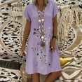 thumbnail image 1 of Chiccall Women's Plus Size Cotton Linen Shirt Dresses Floral Print Embroidered Short Sleeves V-Neck Casual Short Dress Purple XXXXL, 1 of 6