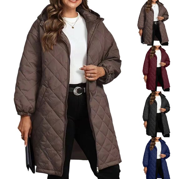 Chiccall Women's Plus Size Hooded Long Coat, Loose Casual Long Sleeve Puffer Jacket Outerwear, Diamond Quilted Down Parka Coffee 4XL