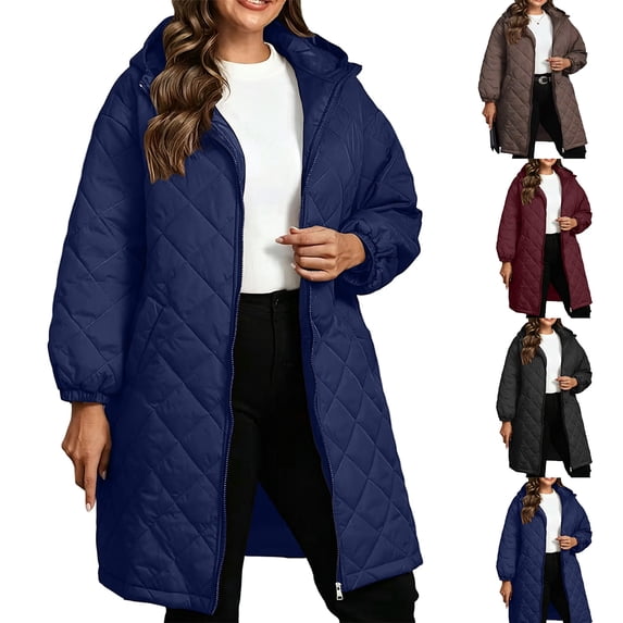 Chiccall Women's Plus Size Hooded Long Coat, Loose Casual Long Sleeve Puffer Jacket Outerwear, Diamond Quilted Down Parka Navy XL